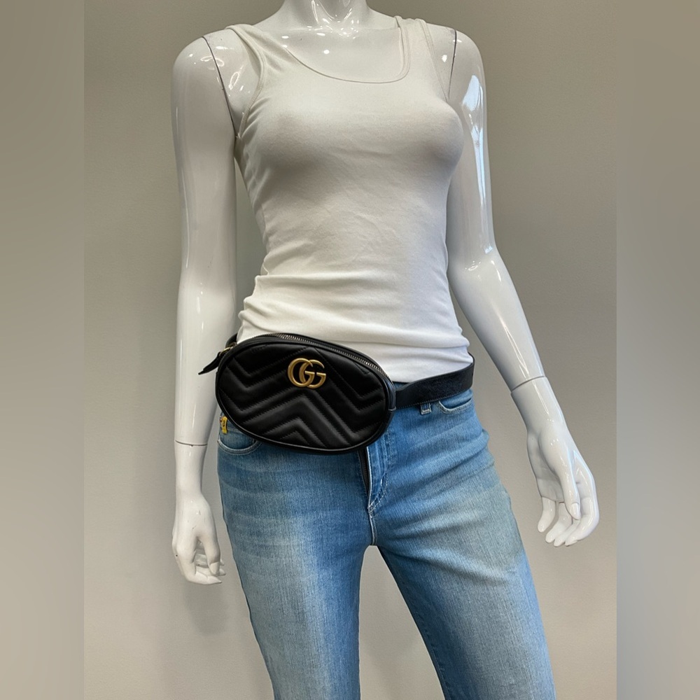 Authentic Gucci Marmont Matelasse Leather Belt Bum Bag Chevron Quilted 85 Heart